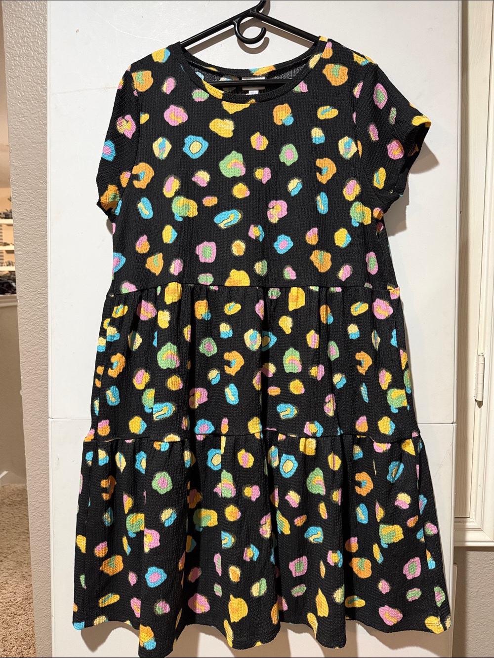 LuLaRoe Ariel Black Tiered Midi Dress with Yellow, Pink, Blue & Green Spots